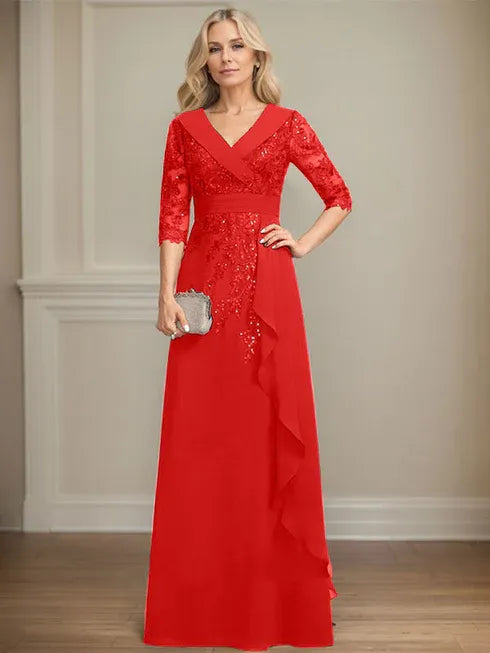 A-Linien Kleid mit Kragen, V-Ausschnitt, bodenlang, aus Spitze und Chiffon, Mutter der Braut Kleid mit Pailletten und fallenden Rüschen