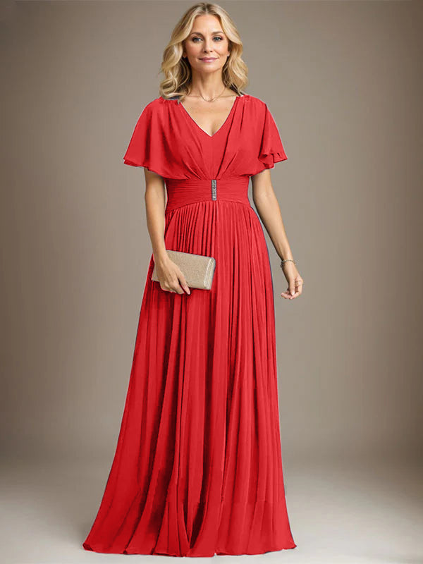 A-Linien V-Ausschnitt Bodenlanges Chiffon Brautmutterkleid mit Kristallbrosche und Plisseefalten