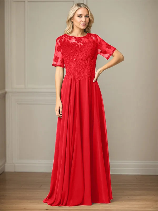 A Line Chiffon Scoop Neck Short Sleeves Floor Length Mother of the Bride Dresses