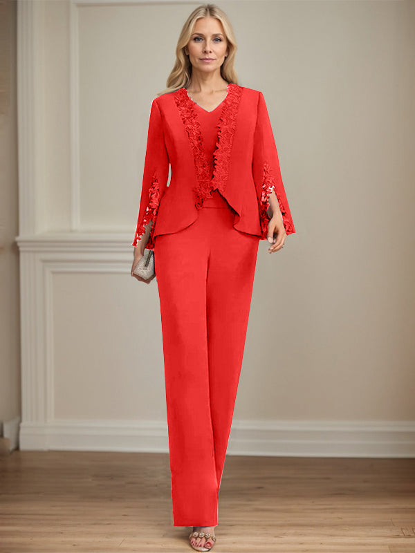 Zweiteiler Jumpsuit/Hosenanzug V-Ausschnitt bodenlanges Chiffon Mutter der Braut Kleid