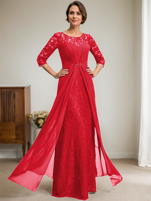 A-Linien Rundhalsausschnitt Illusions-Bodenlanges Spitzen-Chiffonkleid für die Brautmutter mit Perlen und Volants
