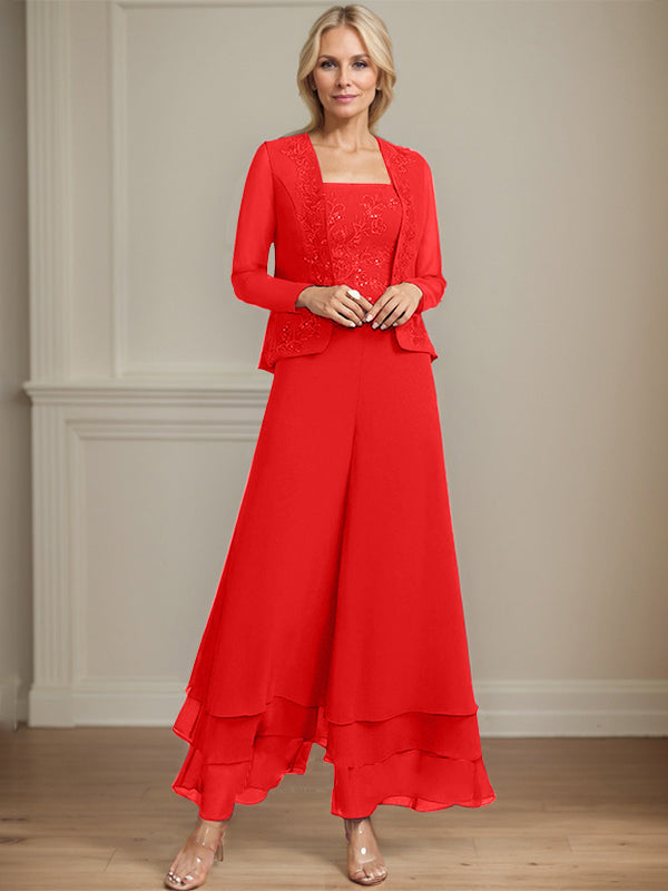 Zweiteiler Jumpsuit/Hosenanzug quadratisch knöchellang Spitze Chiffon Brautmutterkleid mit Pailletten
