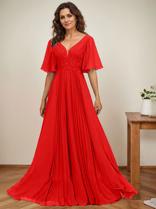 A-Linien V-Ausschnitt bodenlanges Chiffon Mutterkleid der Braut mit Pailletten-Applikationen, Spitze und Falten