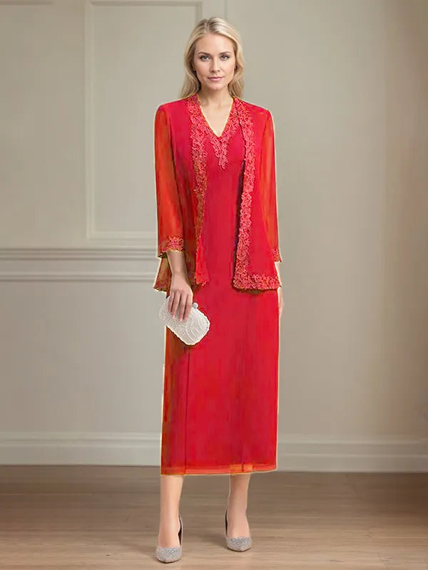 Etui/Column Chiffon V-Ausschnitt 3/4 Ärmel Tea-Length Kleid für die Mutter der Braut