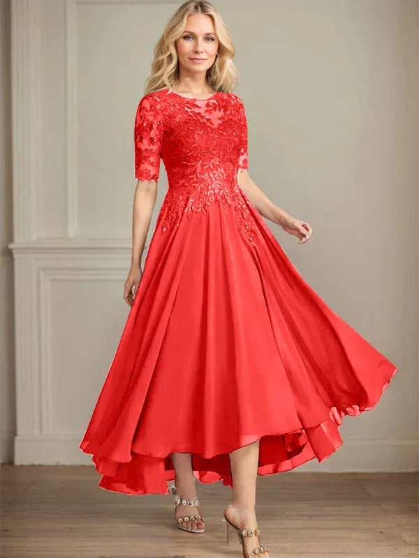 A-Linien Scoop-Ausschnitt Illusion asymmetrisches Chiffon-Spitzen-Mutter-der-Braut-Kleid mit Pailletten