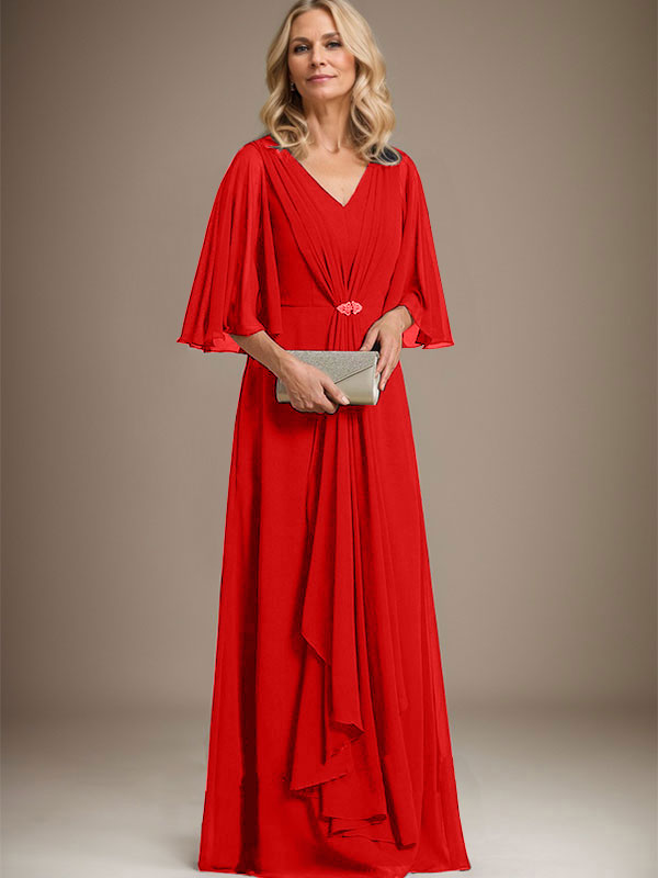 A-Linien V-Ausschnitt Bodenlanges Chiffon Kleid für die Brautmutter mit kaskadierenden Rüschen und Kristallbrosche