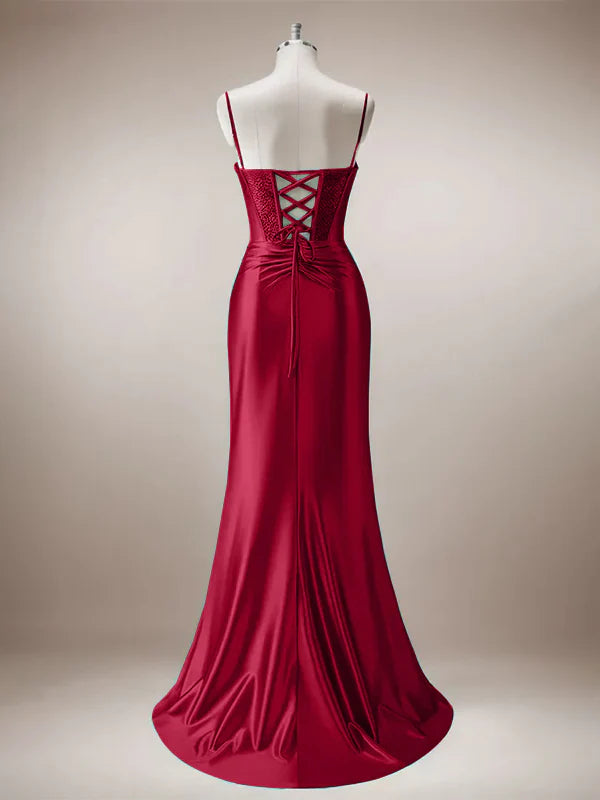 Robe de bal sirène rouge à bretelles spaghetti avec corset et fente