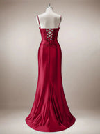 Robe de bal sirène rouge à bretelles spaghetti avec corset et fente