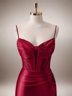 Robe de bal sirène rouge à bretelles spaghetti avec corset et fente