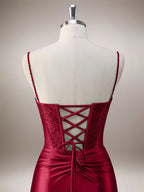 Robe de bal sirène rouge à bretelles spaghetti avec corset et fente