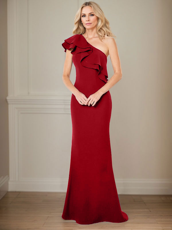 Abito da madre della sposa a linea A in chiffon con una spalla, lunghezza fino a terra e volant