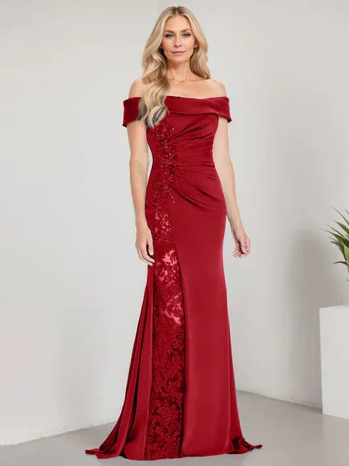 A-Linien Schulterfreies bodenlanges Brautmutterkleid mit Applikationen und Perlenbesatz Meerjungfrauenkleid mit hohem Schlitz