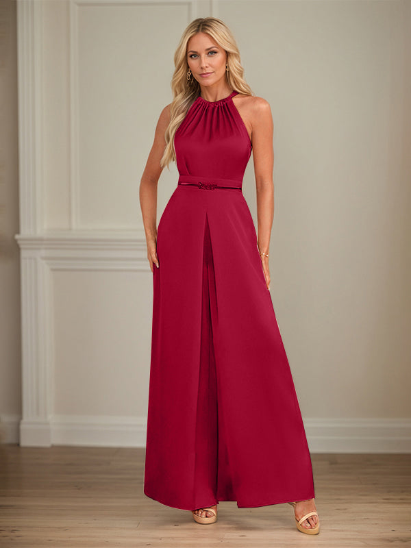 Jumpsuits Neckholder bodenlanges Satin Hochzeitskleid