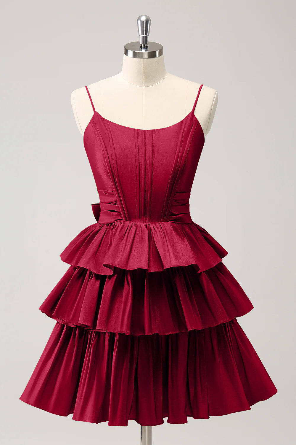 A-Linien Corsagen-Kleid mit Spaghettiträgern, gestuften Rüschen und Schleife für den Abschlussball