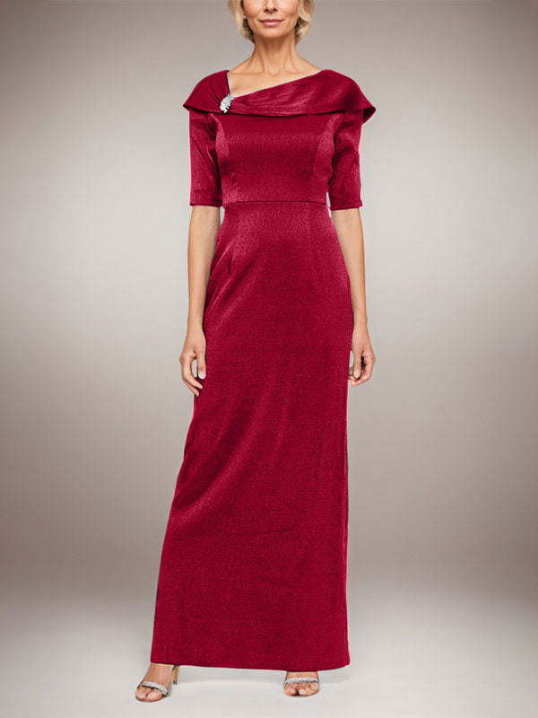 Langes schimmerndes Säulenkleid mit umgeschlagenem Ärmelbündchen, L-Ausschnitt und Ellbogenärmeln