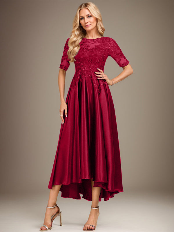 A-Linie Rundhalsausschnitt Illusion Asymmetrisches Stretch-Satin-Spitzen-Brautmutterkleid mit Pailletten