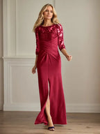 Pflaumenfarbenes eng anliegendes Spitzen Stretch Krepp Kleid für die Brautmutter