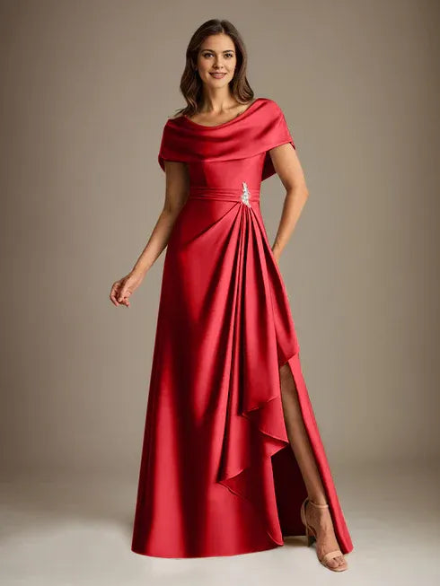 A-Linien-Kleid mit Rundhalsausschnitt, bodenlang, aus Stretch-Satin, Brautmutterkleid mit fallenden Rüschen