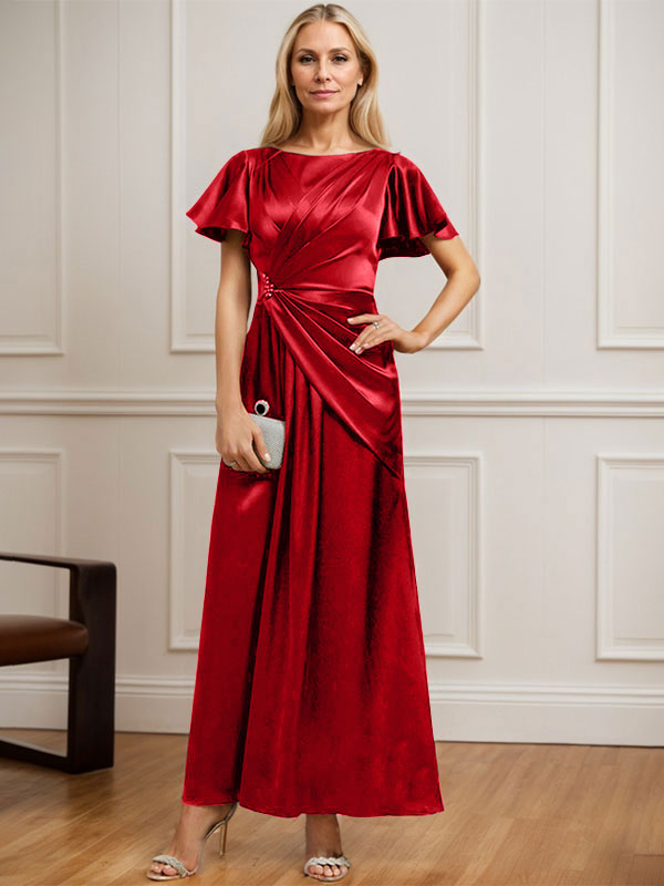 A-Linien Rundhals Knöchellanges Stretch Satin Mutter der Braut Kleid mit Plissierten Perlen