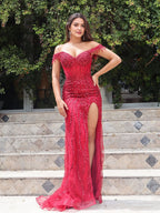 Red Off-the-Shoulder Beaded Tulle Long Prom Dress with Swirling Sequins