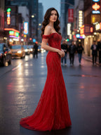 Red Off-the-Shoulder Beaded Tulle Prom Dress with Swirling Sequins