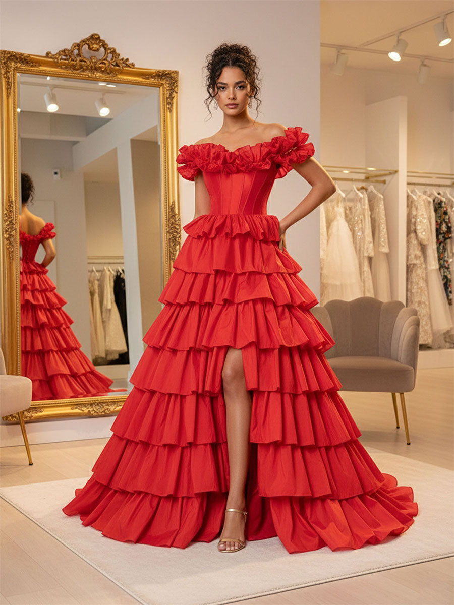Rotes schulterfreies Rüschen gestuftes Korsett langes Ballkleid