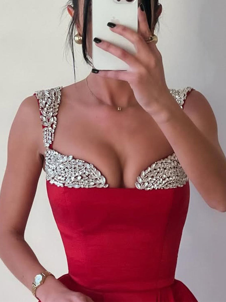 Red Satin Off-the-Shoulder Prom Dress with Crystal Encrusted Fold-Over Neckline