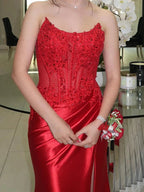 Red Satin Strapless Beaded Lace Corset Prom Dress with High Slit