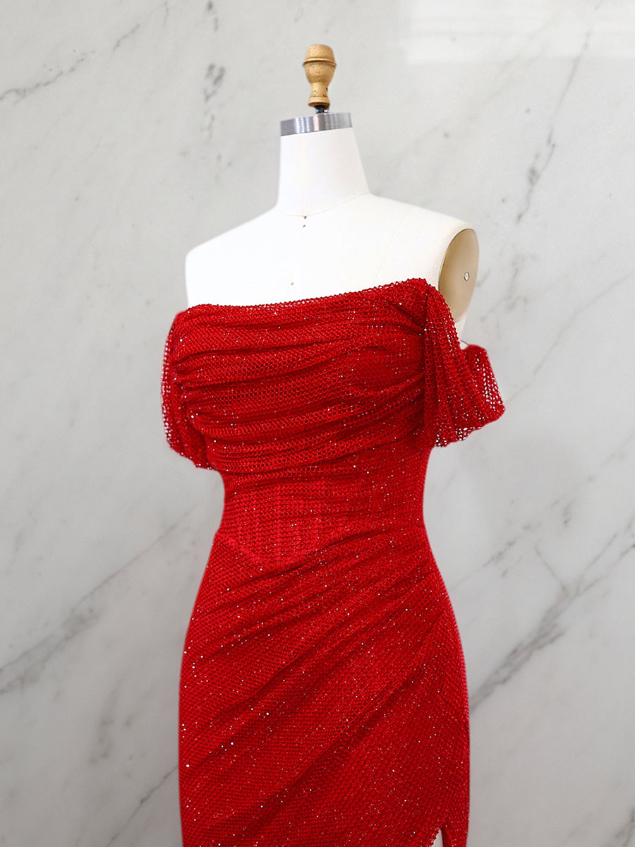 Red Shimmer Off-Shoulder Long Prom Dress with High Slit