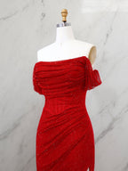 Red Shimmer Off-Shoulder Long Prom Dress with High Slit