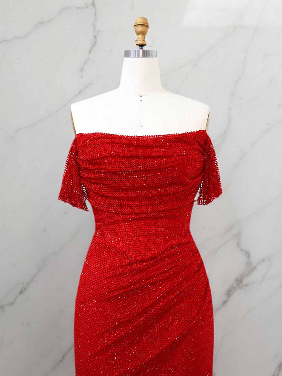 Red Shimmer Off-Shoulder Long Prom Dress with High Slit