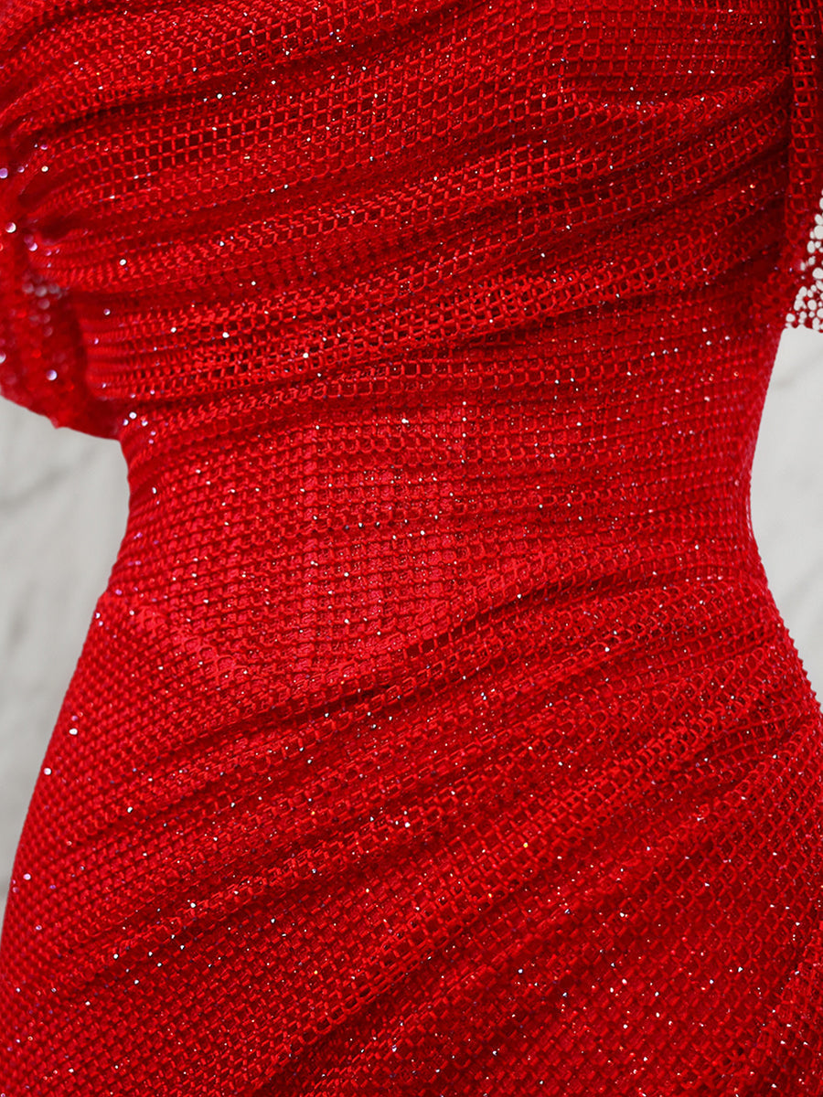 Red Shimmer Off-Shoulder Long Prom Dress with High Slit