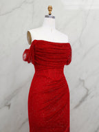Red Shimmer Off-Shoulder Long Prom Dress with High Slit