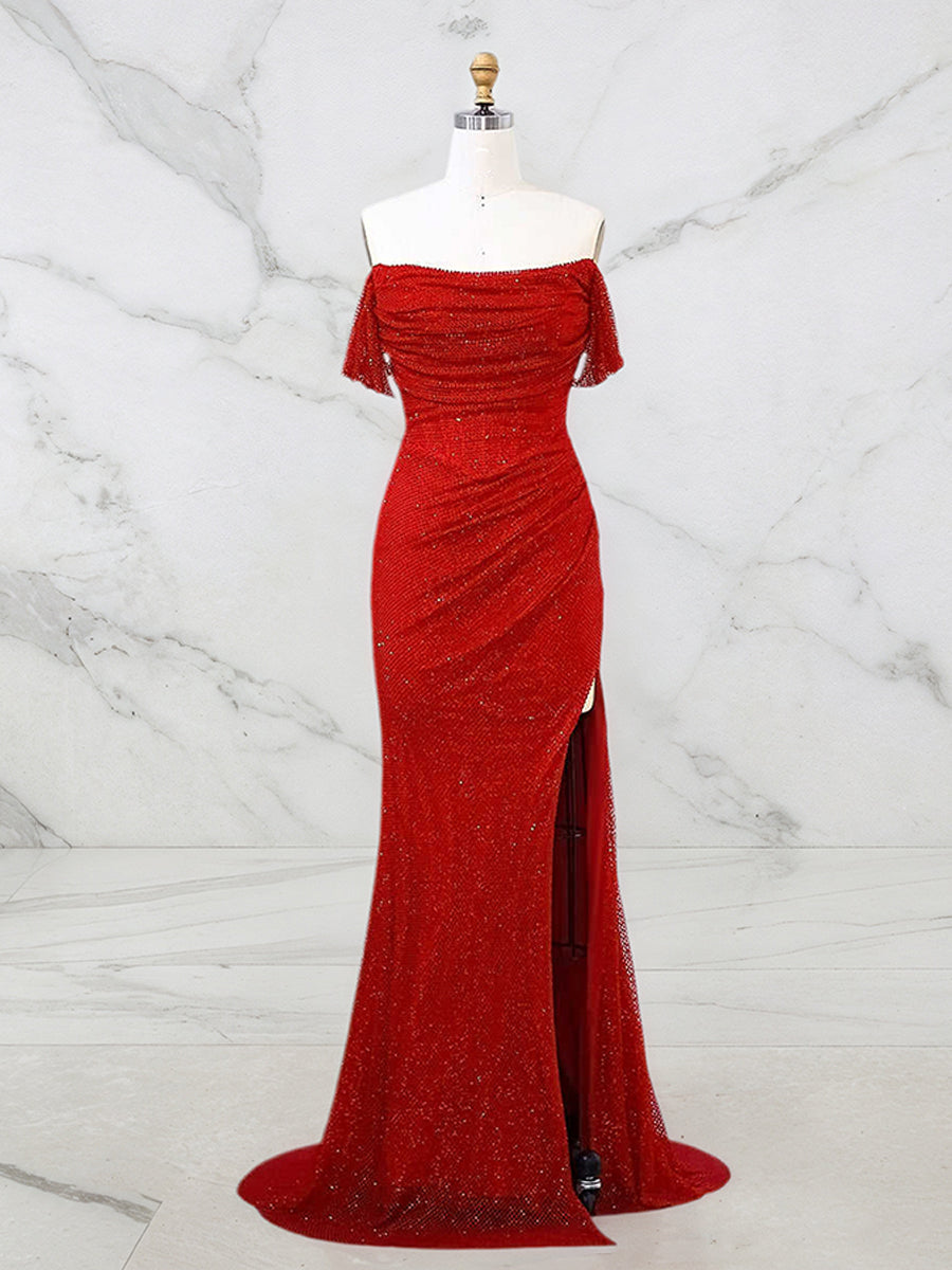 Red Shimmer Off-Shoulder Long Prom Dress with High Slit