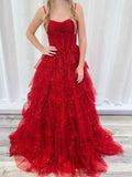 Robe de bal rouge à volants en tulle, bretelles spaghetti