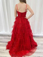 Robe de bal rouge à volants en tulle, bretelles spaghetti