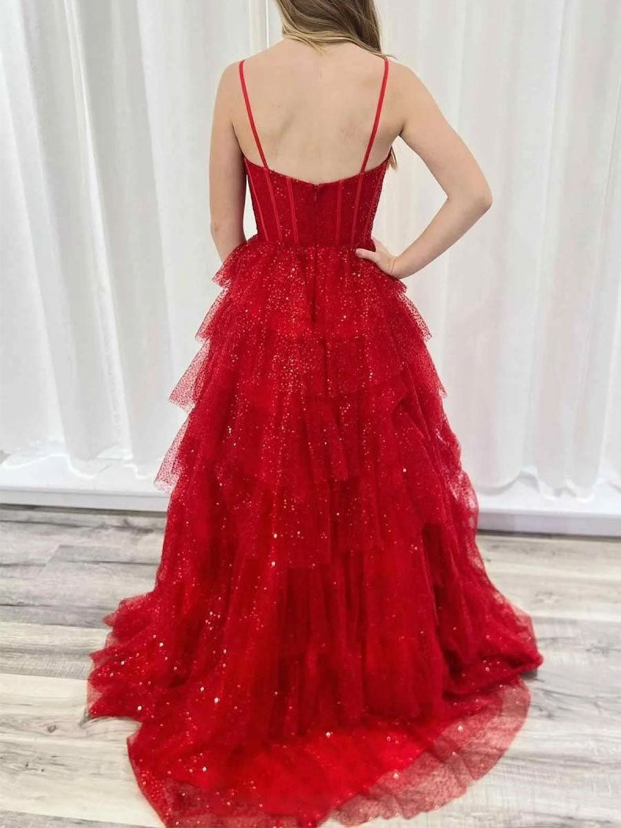 Robe de bal rouge à volants en tulle, bretelles spaghetti