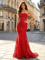 Red Strapless Beaded Corset Satin Evening Prom Dress with High Slit
