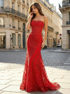 Red Strapless Beaded Corset Satin Evening Prom Dress with High Slit