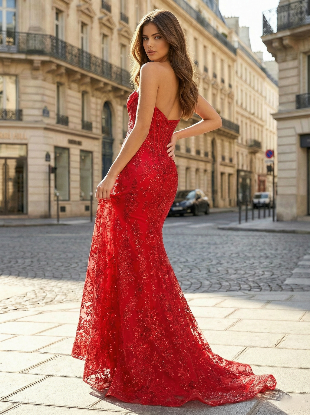 Red Strapless Beaded Corset Satin Evening Prom Dress with High Slit