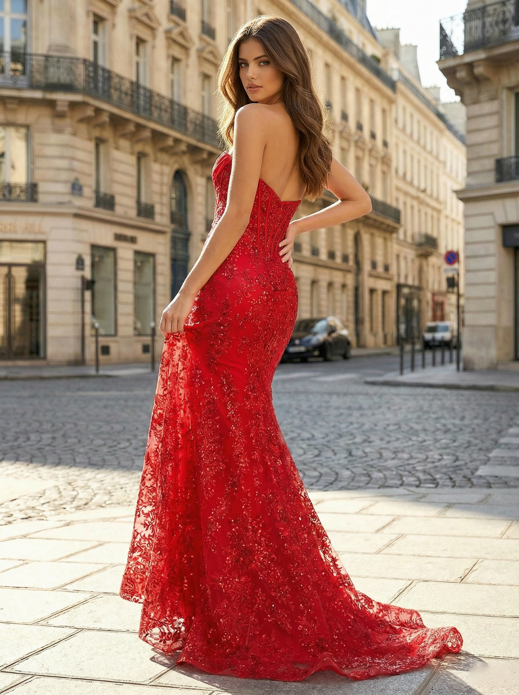 Red Strapless Beaded Corset Satin Evening Prom Dress with High Slit