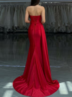 Red Strapless Crystal Encrusted Neckline Satin Prom Dress with Draped Slit