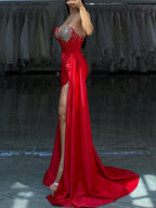 Red Strapless Crystal Encrusted Neckline Satin Prom Dress with Draped Slit