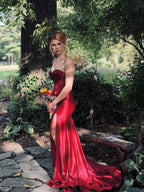 Red Strapless Sweetheart Satin Long Prom Dress with Slit