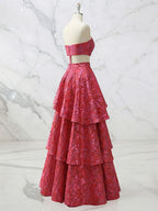 Red Tiered Brocade Prom Dress with Modern Waist Cut-Outs