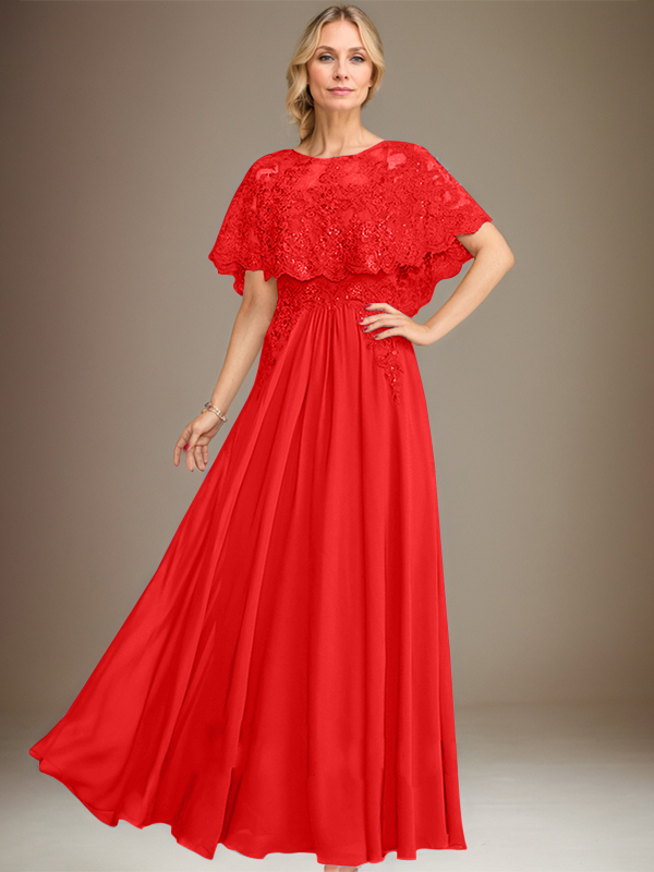 A-Linien Spitzen-Chiffon-Mutter-der-Braut-Kleid mit Bootsausschnitt, bodenlang und Applikations-Pailletten
