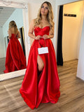 Red A Line Strapless Sweetheart Satin Long Prom Dress with Slit