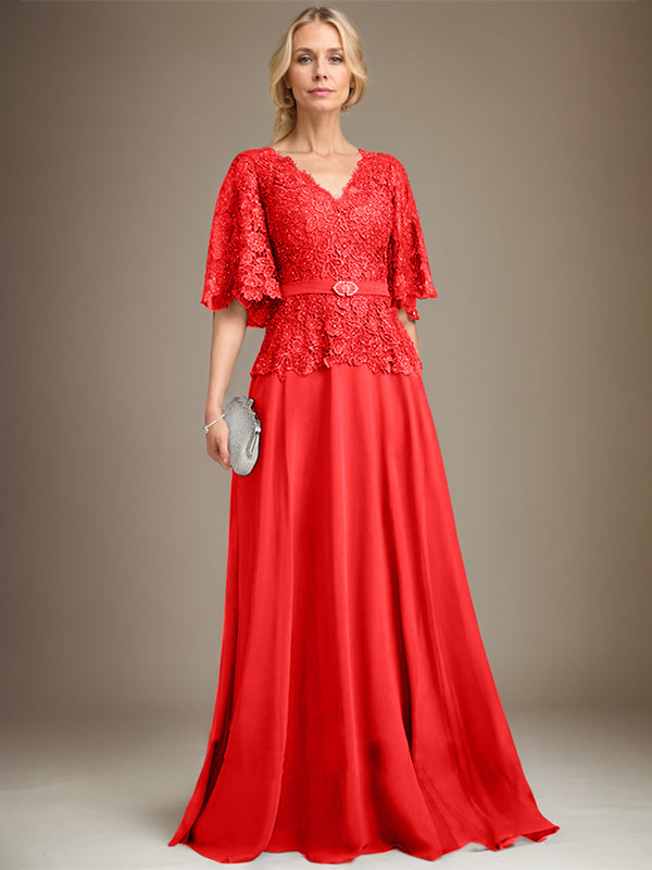 A-Linien V-Ausschnitt Bodenlanges Chiffon-Spitzen Mutter-der-Braut-Kleid mit Kristallbrosche und Strass