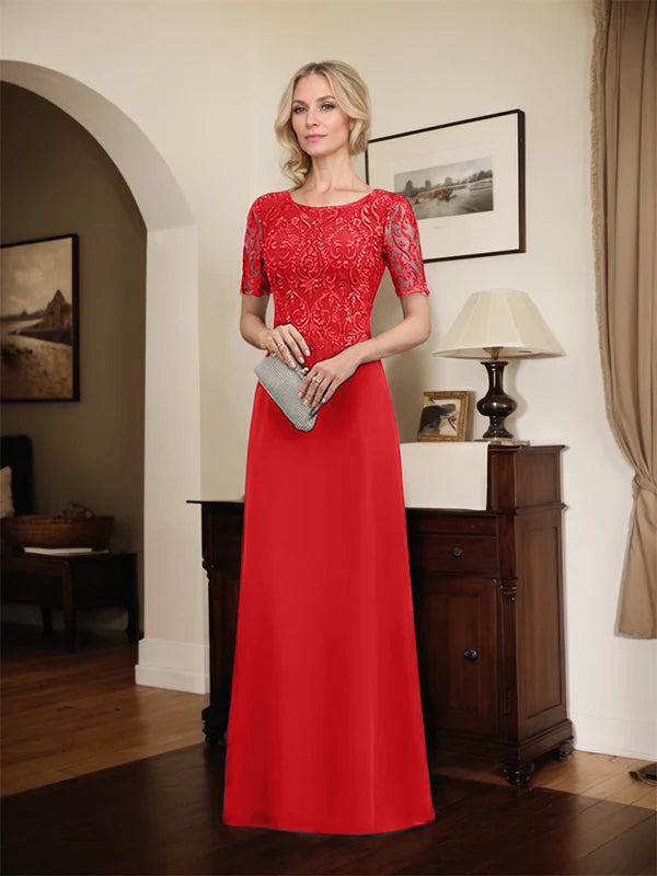A-Linien Spitzen-Chiffon-Mutter-der-Braut-Kleid mit Rundhalsausschnitt, bodenlang und Pailletten