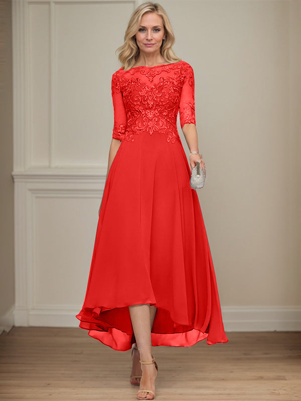 A-Linien Bootsausschnitt Illusionskleid mit asymmetrischem Chiffon-Spitzenstoff, Mutter-der-Braut-Kleid mit Paillettenperlen
